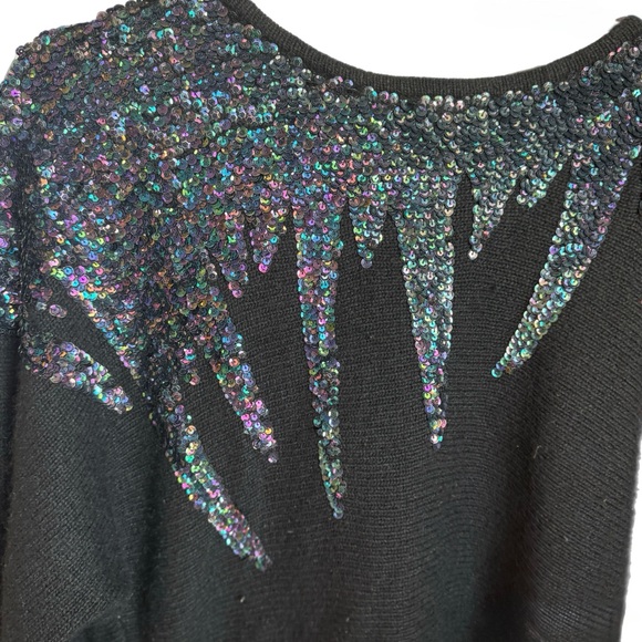 Vintage De Rotchild Black Sequin Sweater|1980s Iridescent Icicle Design Sz Large - Picture 5 of 6